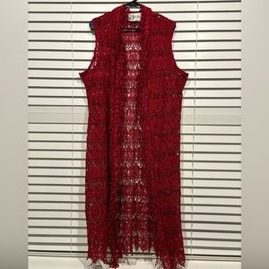 NWOT Red Crotchet Floral Long Vest Sleeveless Kimono Duster